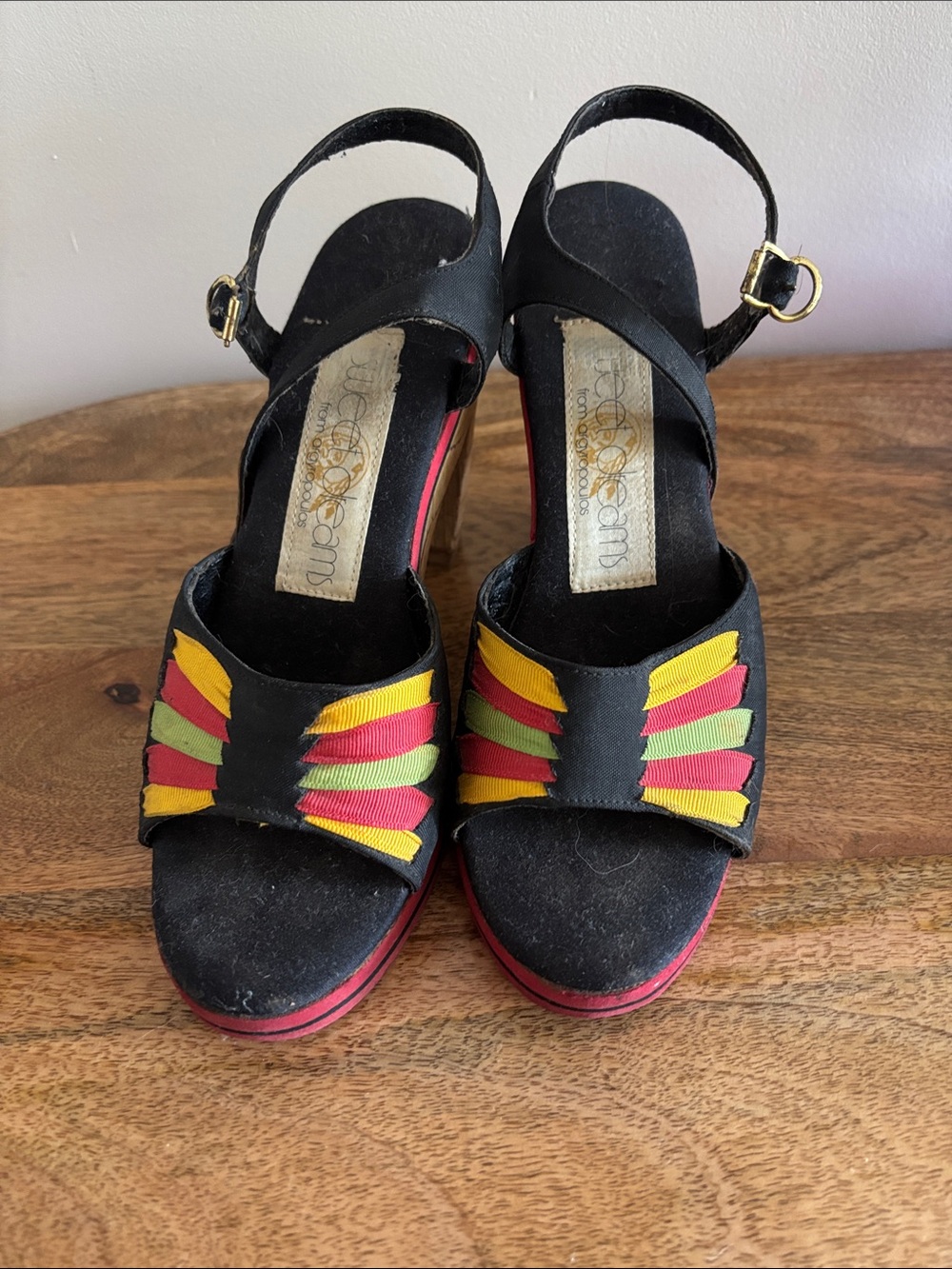 VINTAGE 70s Women’s Black Ankle-Strap Sandals with Multicolor Ribbon Accents
